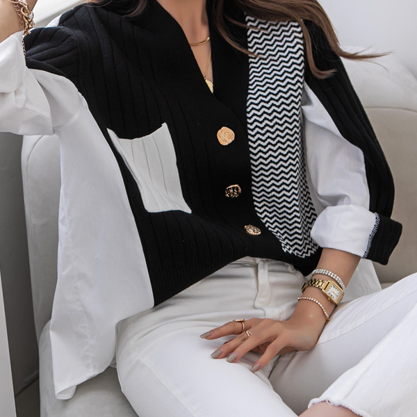 <font color="cc0000"><b>[Two pieces in one!]</b></font><br> [55~99] Chic B&W V-neck Cardigan+Shirt mix-match look/two-in-one #NAK MADE.