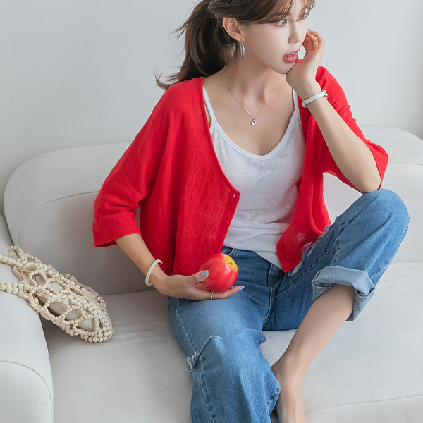 <font color="cc0000">[All colors reordered in stock! ]</font><br> Rough and more luxurious one-button Linen Cardigan