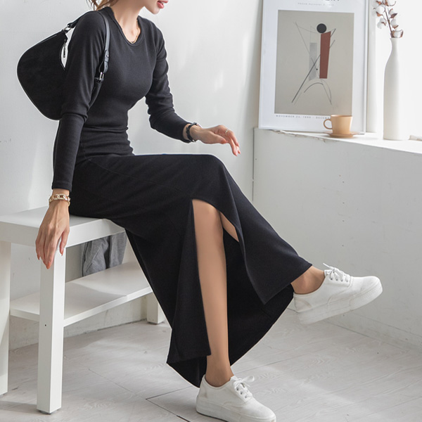 #NAKMADE. The slit makes your legs look longer~ Tight ribbed maxi Long One Piece