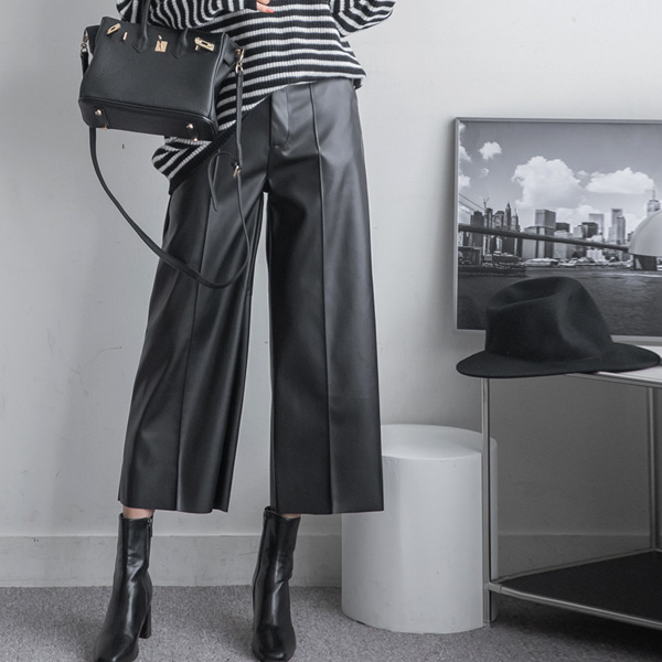 Chic cut-out line leather pants/napping lining/straight line