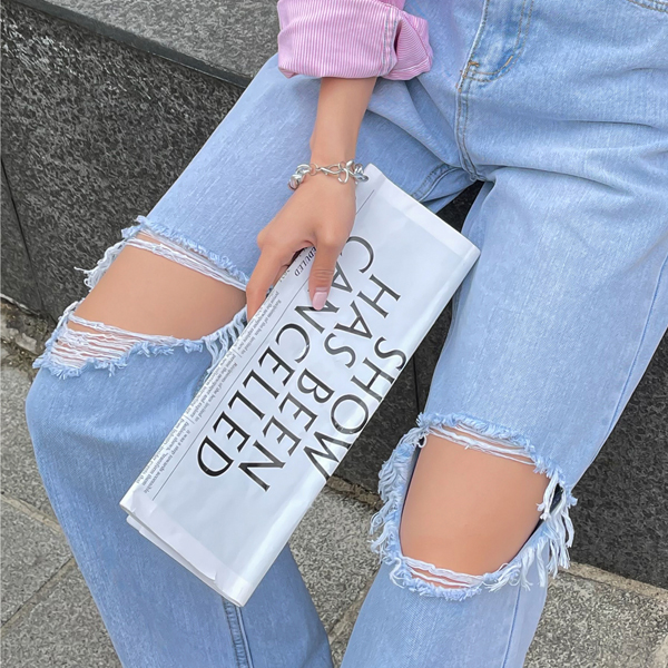 All-time reaction explosion!! Unconventional ripped jeans/wide straight denim