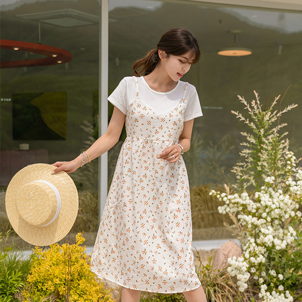 Coordination is over with one yogurt! T-shirt+One Piece layered lovely Flower One Piece
