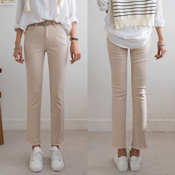 Comfortable all day long with tight spandex~ Hem cutting Slim Fit Cotton span straight pants