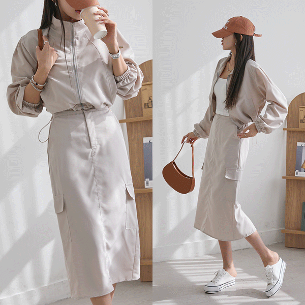 The various design points are pretty!! Half high neck zip up+cargo back banding skirt set