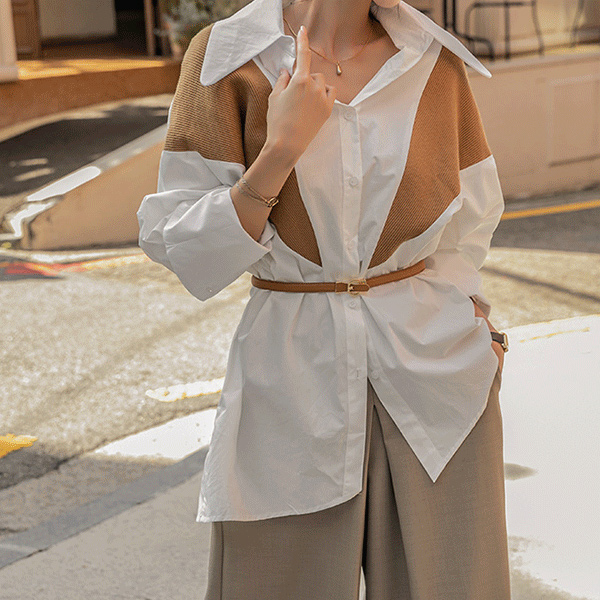 A luxurious long shirt with a feminine mood with details that resemble layered cardigans.
