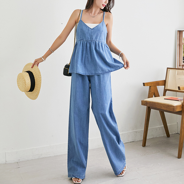 Denim bustier + wide pants SET/A perfect item that satisfies both vintage and lovely looks!