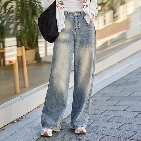 [S~2XL] Stylish wide denim pants with vintage washing points