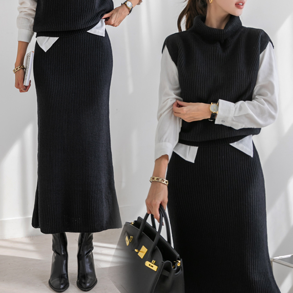 Chic Turtleneck Pullover Knit Vest + Mermaid Knit Long Skirt Set