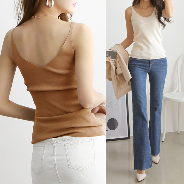 Basic double v-neck knit tank top/layered look #NAK MADE.