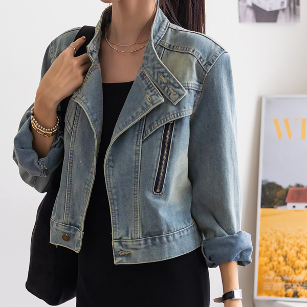 Stylish with front zipper detail! Vintage Washing Denim Rider Jacket