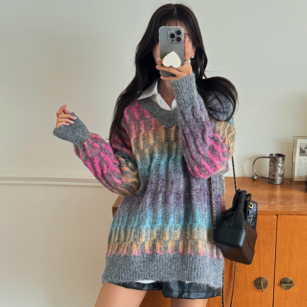 [55~99] Orders flood in as soon as it's released/ Cozy and warm in a one-piece~ Color Mix Twist Long Knit